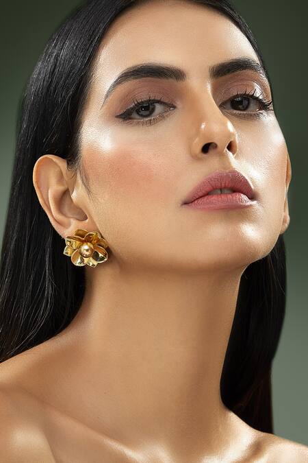 Shop Confluence Gold Plated Beads Shivan And Narresh Floral Studs at Aza Fashions Shop_Confluence_Gold Plated Beads Shivan And Narresh Floral Studs_at_Aza_Fashions