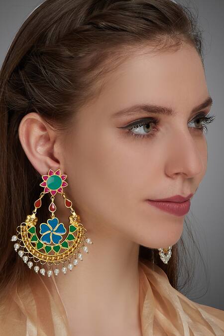 Shop Pranay Baidya Gold Plated Beads Crescent Moon Earrings at Aza Fashions Shop_Pranay Baidya_Gold Plated Beads Crescent Moon Earrings_at_Aza_Fashions