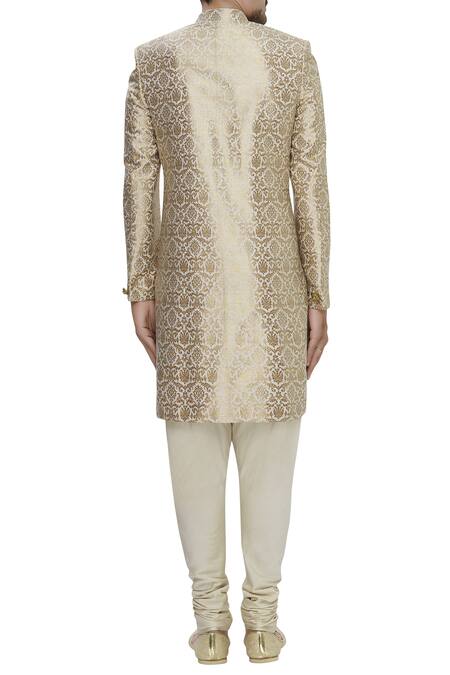 Shop_Arihant Rai Sinha_Gold Silk Embroidery Banarasi Sherwani Set_at_Aza_Fashions