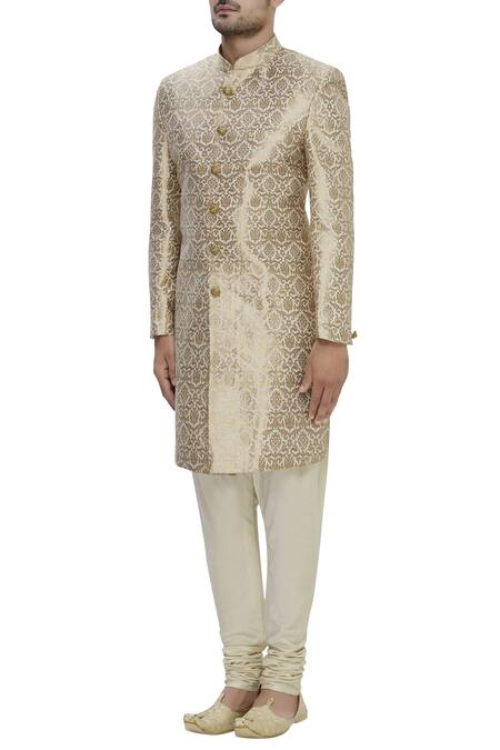 Arihant Rai Sinha_Gold Silk Embroidery Banarasi Sherwani Set_Online_at_Aza_Fashions