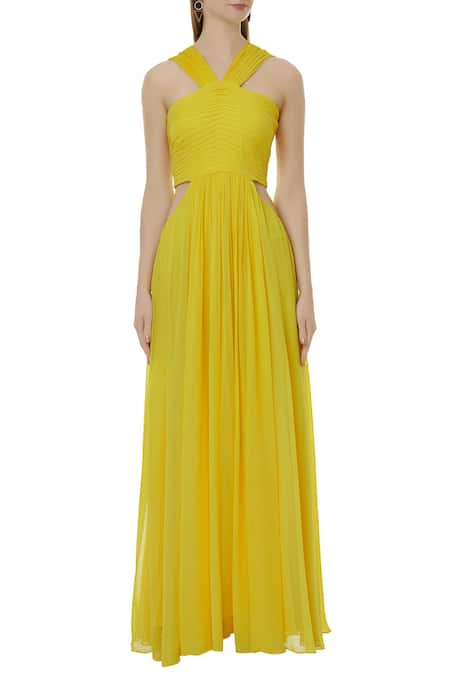 Swatee Singh Yellow Georgette V Neck Cutout Pintuck Detail Gown Online at Aza Fashions Swatee Singh_Yellow Georgette V Neck Cutout Pintuck Detail Gown _Online_at_Aza_Fashions