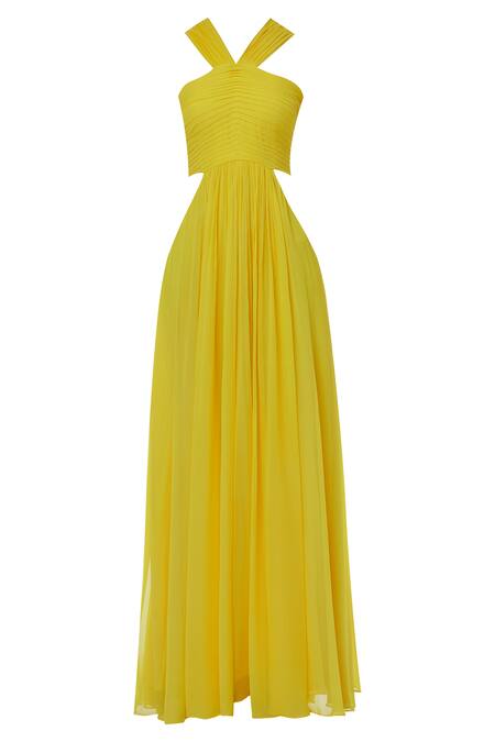 Buy Swatee Singh Yellow Georgette V Neck Cutout Pintuck Detail Gown Online at Aza Fashions Buy_Swatee Singh_Yellow Georgette V Neck Cutout Pintuck Detail Gown _Online_at_Aza_Fashions