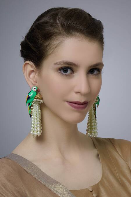 Buy Green Beads Parrot Earrings by Kripaa Pranay Online at Aza Fashions.