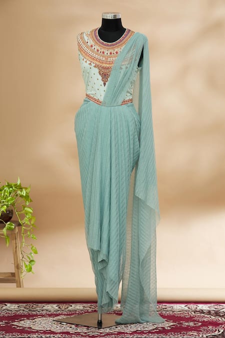 Tarun Tahiliani Blue Embroidered Pre-draped Saree