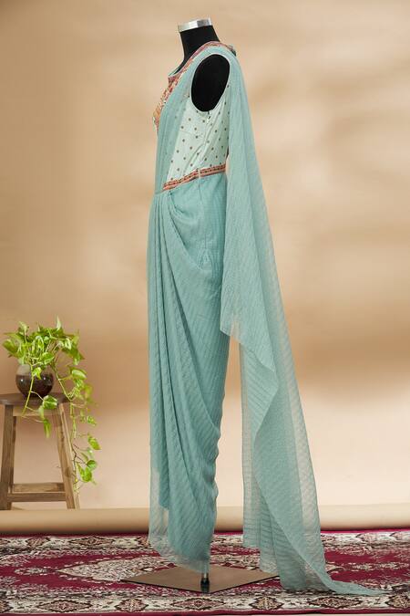 Tarun Tahiliani Blue Embroidered Pre-draped Saree Online at Aza Fashions Tarun Tahiliani_Blue Embroidered Pre-draped Saree_Online_at_Aza_Fashions