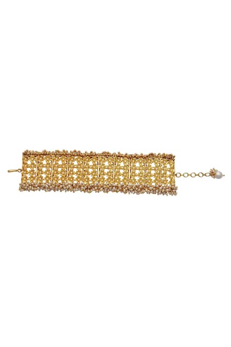 Shop_Mira By Radhika Jain_Gold Plated Bead Floral Kada _at_Aza_Fashions