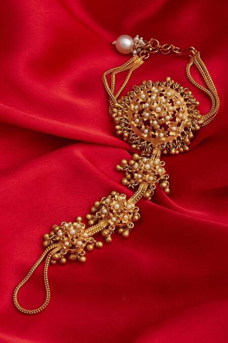 Mira By Radhika Jain_Gold Plated Bead Haathphool_Online_at_Aza_Fashions