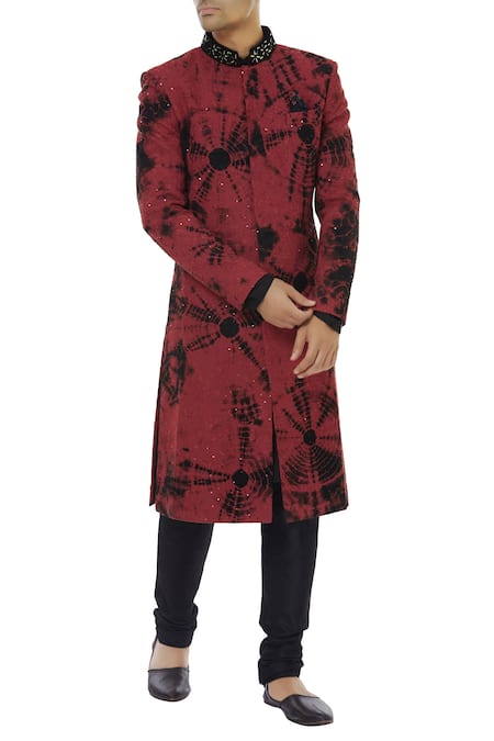 Vikram Phadnis Black Spun Silk Tie Dye Sherwani With Kurta And Churidar