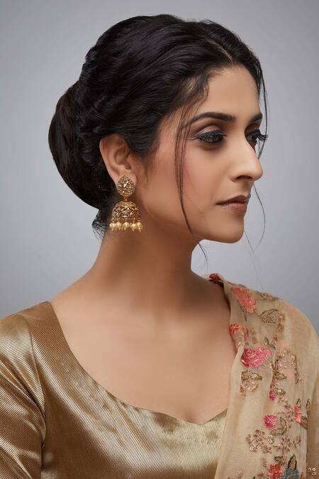 Shop_Shillpa Purii Designer Jewellery_Gold Plated Stone Jhumkas_at_Aza_Fashions