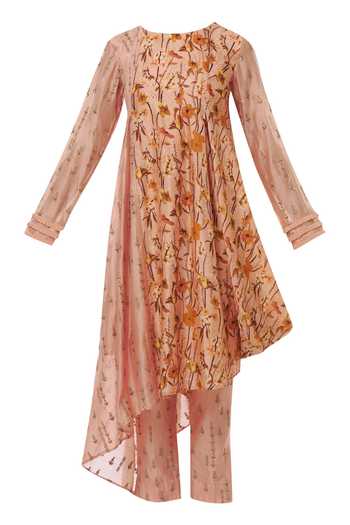 Buy_Drishti & Zahabia_Peach Asymmetric Paneled Kurta Set _Online_at_Aza_Fashions