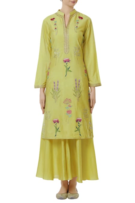 Aiman_Yellow Silk Chanderi Mandarin Collar Embroidered Sharara Set_Online_at_Aza_Fashions