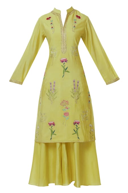 Buy_Aiman_Yellow Silk Chanderi Mandarin Collar Embroidered Sharara Set_Online_at_Aza_Fashions