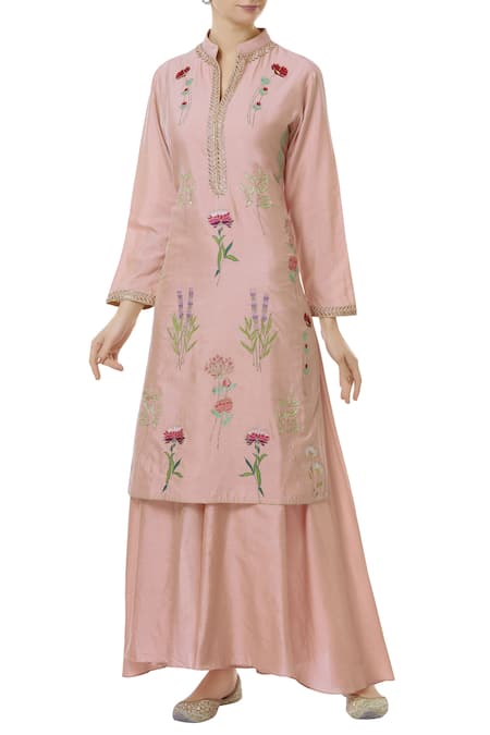 Aiman Pink Silk Chanderi Mandarin Collar Embroidered Sharara Set 