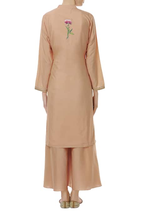 Shop Aiman Peach Silk Chanderi Mandarin Collar Embroidered Sharara Set at Aza Fashions Shop_Aiman_Peach Silk Chanderi Mandarin Collar Embroidered Sharara Set_at_Aza_Fashions