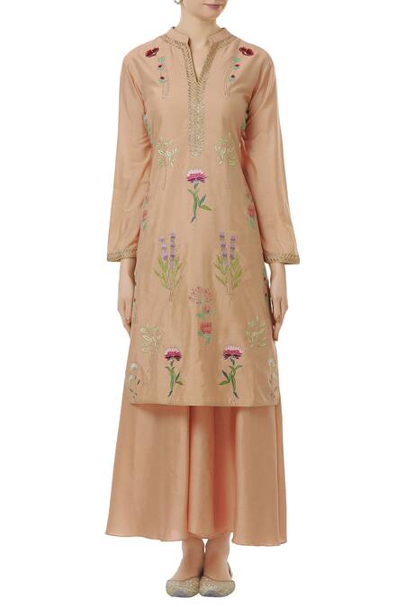 Aiman Peach Silk Chanderi Mandarin Collar Embroidered Sharara Set Online at Aza Fashions Aiman_Peach Silk Chanderi Mandarin Collar Embroidered Sharara Set_Online_at_Aza_Fashions