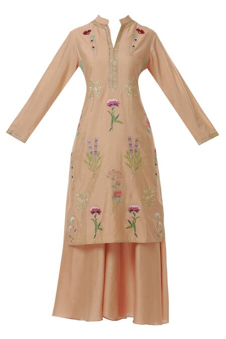 Buy Aiman Peach Silk Chanderi Mandarin Collar Embroidered Sharara Set Online at Aza Fashions Buy_Aiman_Peach Silk Chanderi Mandarin Collar Embroidered Sharara Set_Online_at_Aza_Fashions