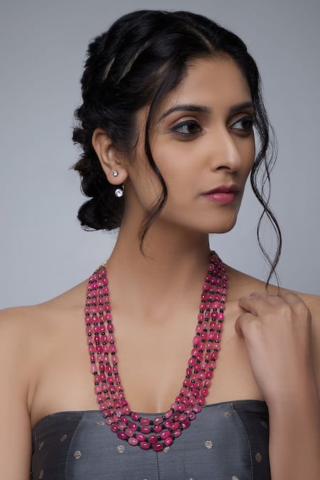 Shop Just Shradhas Pink Layered Ruby Bead Necklace at Aza Fashions Shop_Just Shradhas_Pink Layered Ruby Bead Necklace _at_Aza_Fashions