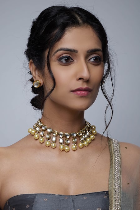 Shop Just Shradhas Gold Plated Polki Stone And Pearl Choker at Aza Fashions Shop_Just Shradhas_Gold Plated Polki Stone And Pearl Choker _at_Aza_Fashions