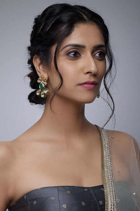 Shop Just Shradhas Gold Plated Kundan Polki Stone Stud Earrings at Aza Fashions Shop_Just Shradhas_Gold Plated Kundan Polki Stone Stud Earrings _at_Aza_Fashions