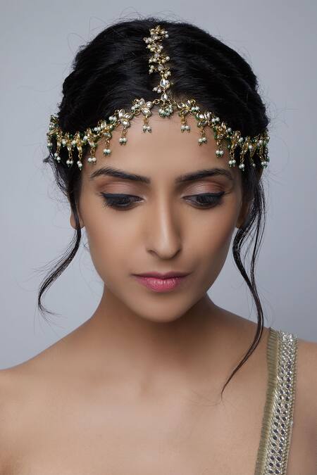 Shop Just Shradhas Gold Plated Kundan Stone Mathapatti at Aza Fashions Shop_Just Shradhas_Gold Plated Kundan Stone Mathapatti _at_Aza_Fashions