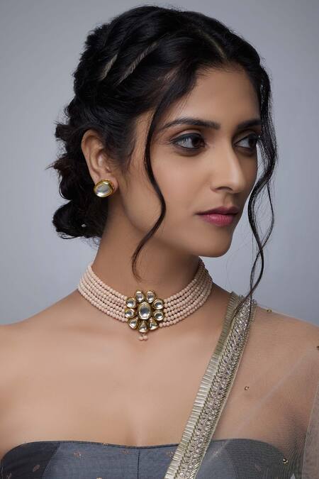 Shop Just Shradhas Gold Plated Beads Choker Set at Aza Fashions Shop_Just Shradhas_Gold Plated Beads Choker Set_at_Aza_Fashions