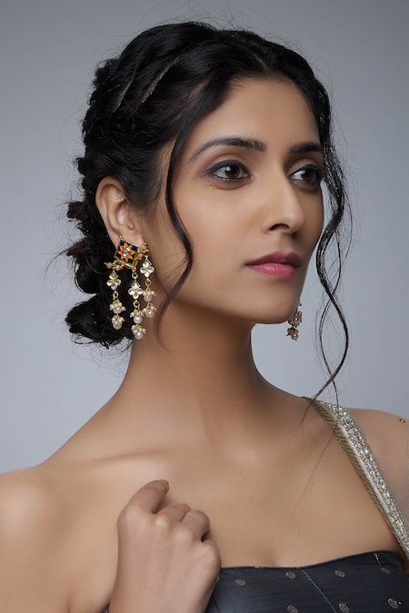 Shop Just Shradhas Gold Plated Pearls Meenakari Kundan Danglers at Aza Fashions Shop_Just Shradhas_Gold Plated Pearls Meenakari Kundan Danglers _at_Aza_Fashions