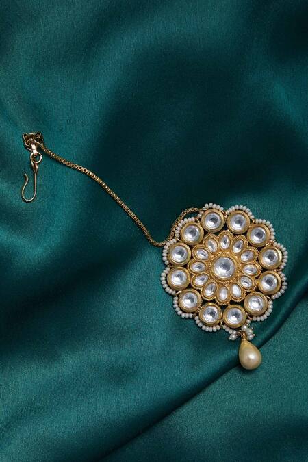 Chaotiq By Arti_Gold Plated Floral Stone Detailed Maangtikka_Online_at_Aza_Fashions