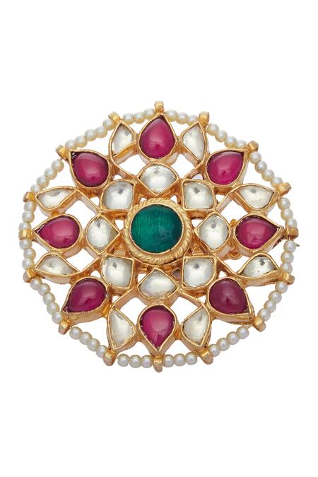 Chaotiq By Arti_Gold Plated Stone Floral Polki Finger Ring_Online_at_Aza_Fashions