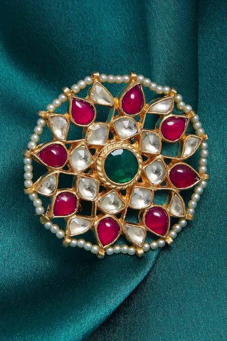 Buy_Chaotiq By Arti_Gold Plated Stone Floral Polki Finger Ring_Online_at_Aza_Fashions