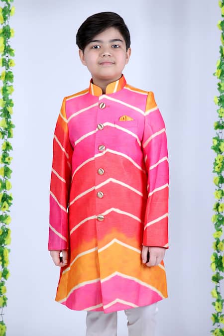 Kids Lane_Multi Color Chanderi, Cotton Leheriya Pattern Sherwani Set_Online_at_Aza_Fashions
