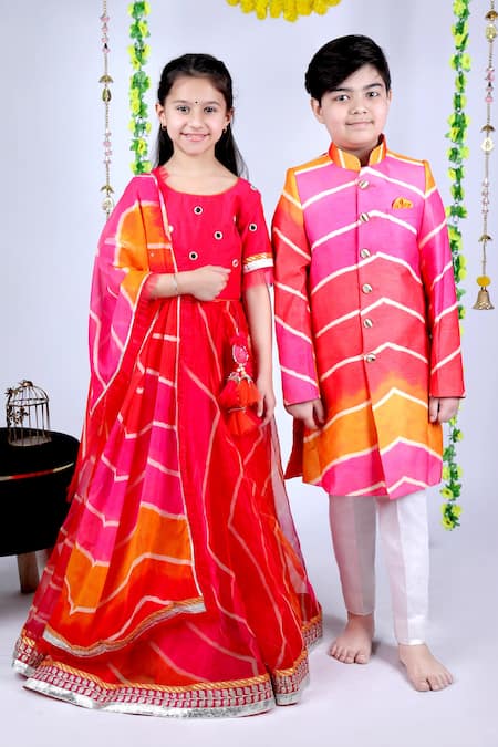 Buy_Kids Lane_Multi Color Chanderi, Cotton Leheriya Pattern Sherwani Set_Online_at_Aza_Fashions