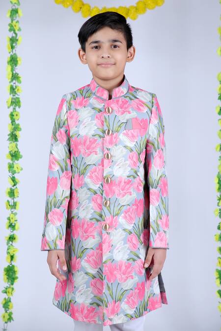 Kids Lane_Multi Color Chanderi, Cotton Floral Pattern Sherwani Set_Online_at_Aza_Fashions