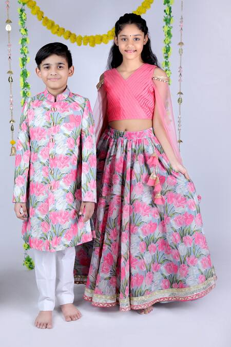 Buy_Kids Lane_Multi Color Chanderi, Cotton Floral Pattern Sherwani Set_Online_at_Aza_Fashions