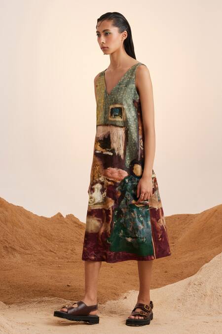 Cord_Beige Rayon V-neck Zen High Tea Print Dress_at_Aza_Fashions