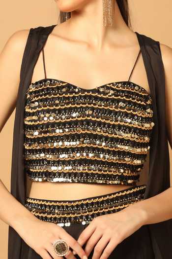 Two Sisters By Gyans Black Chiffon Sequins, Beads, Sleeveless Cape And Waistband Draped Skirt Set at Aza Fashions Two Sisters By Gyans_Black Chiffon Sequins, Beads, Sleeveless Cape And Waistband Draped Skirt Set _at_Aza_Fashions
