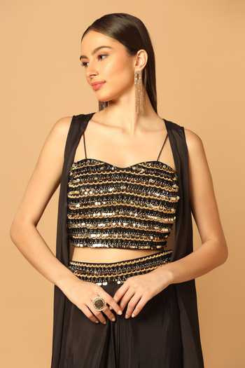 Buy Two Sisters By Gyans Black Chiffon Sequins, Beads, Sleeveless Cape And Waistband Draped Skirt Set Buy_Two Sisters By Gyans_Black Chiffon Sequins, Beads, Sleeveless Cape And Waistband Draped Skirt Set