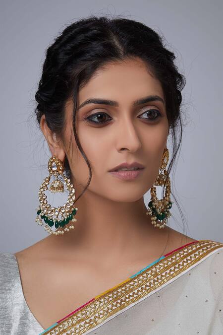 Shop Auraa Trends Gold Plated Beads, Stones, Zari Kundan Leaf Chandbalis With Green Danglers at Aza Fashions Shop_Auraa Trends_Gold Plated Beads, Stones, Zari Kundan Leaf Chandbalis With Green Danglers_at_Aza_Fashions