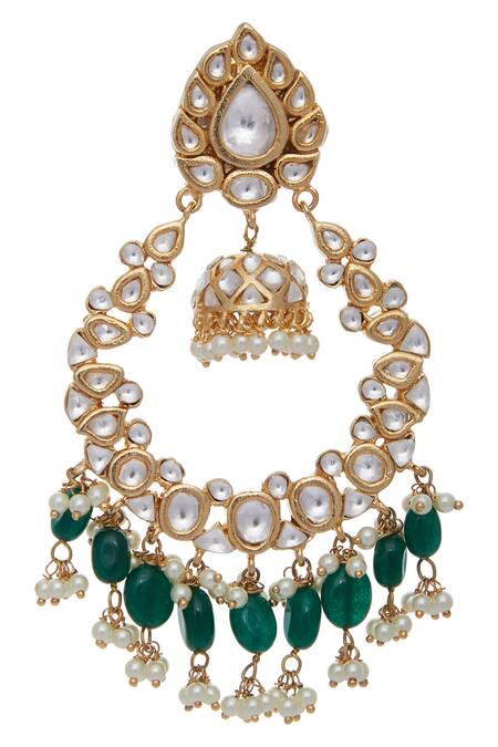 Auraa Trends Gold Plated Beads, Stones, Zari Kundan Leaf Chandbalis With Green Danglers Online at Aza Fashions Auraa Trends_Gold Plated Beads, Stones, Zari Kundan Leaf Chandbalis With Green Danglers_Online_at_Aza_Fashions