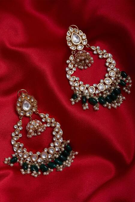 Buy Auraa Trends Gold Plated Beads, Stones, Zari Kundan Leaf Chandbalis With Green Danglers Online at Aza Fashions Buy_Auraa Trends_Gold Plated Beads, Stones, Zari Kundan Leaf Chandbalis With Green Danglers_Online_at_Aza_Fashions