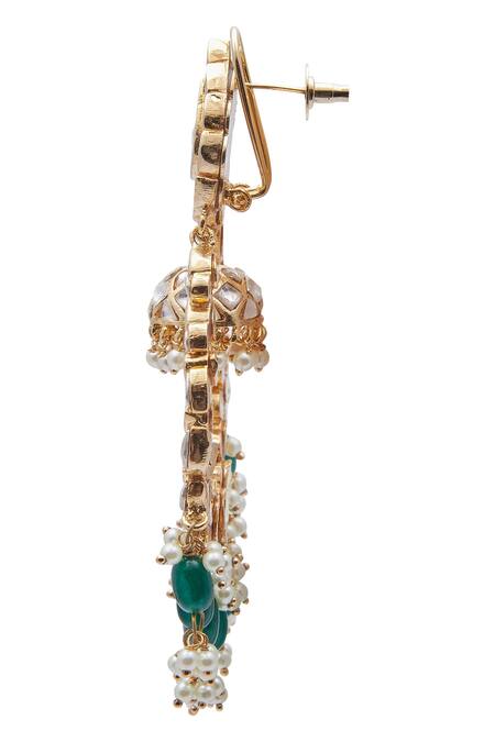 Shop Auraa Trends Gold Plated Beads, Stones, Zari Kundan Leaf Chandbalis With Green Danglers Online at Aza Fashions Shop_Auraa Trends_Gold Plated Beads, Stones, Zari Kundan Leaf Chandbalis With Green Danglers_Online_at_Aza_Fashions