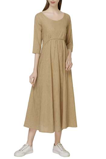 Buy MATI Beige Handloom Cotton Flared Dress at Aza Fashions Buy_MATI_Beige Handloom Cotton Flared Dress_at_Aza_Fashions