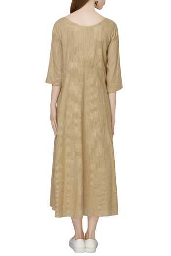 Shop MATI Beige Handloom Cotton Flared Dress at Aza Fashions Shop_MATI_Beige Handloom Cotton Flared Dress_at_Aza_Fashions