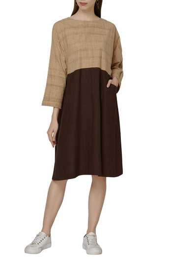 Buy MATI Beige Handloom Cotton Color Block Dress at Aza Fashions Buy_MATI_Beige Handloom Cotton Color Block Dress_at_Aza_Fashions