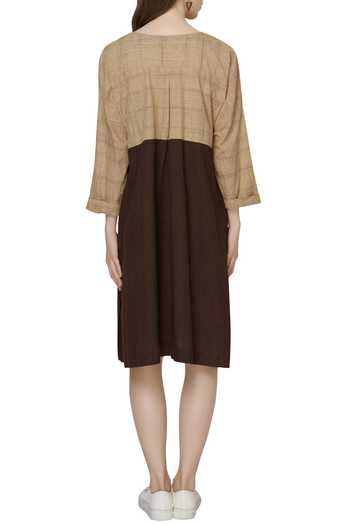 Shop MATI Beige Handloom Cotton Color Block Dress at Aza Fashions Shop_MATI_Beige Handloom Cotton Color Block Dress_at_Aza_Fashions