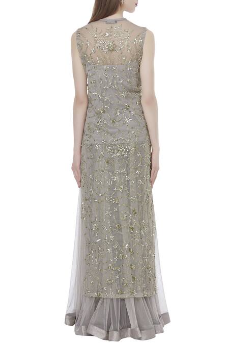 Shop Rina Dhaka Grey Net Embroidered Kurta Lehenga Set at Aza Fashions Shop_Rina Dhaka_Grey Net Embroidered Kurta Lehenga Set_at_Aza_Fashions