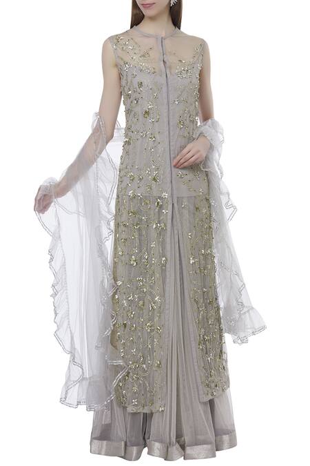 Rina Dhaka Grey Net Embroidered Kurta Lehenga Set Online at Aza Fashions Rina Dhaka_Grey Net Embroidered Kurta Lehenga Set_Online_at_Aza_Fashions