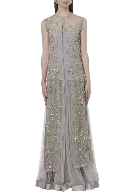 Buy Rina Dhaka Grey Net Embroidered Kurta Lehenga Set Online at Aza Fashions Buy_Rina Dhaka_Grey Net Embroidered Kurta Lehenga Set_Online_at_Aza_Fashions