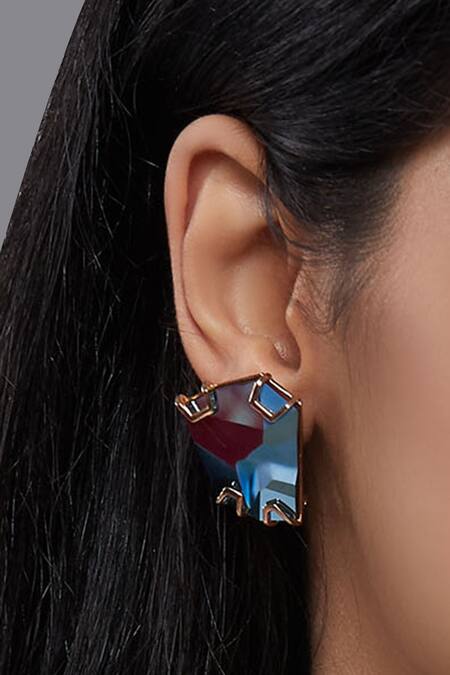 Shop_Esme By Aashna Dalmia_Blue Crystals Geometric Stud Earrings _at_Aza_Fashions