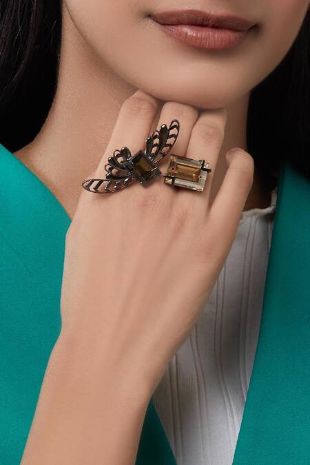 Shop_Esme By Aashna Dalmia_Black Crystal Ring _at_Aza_Fashions