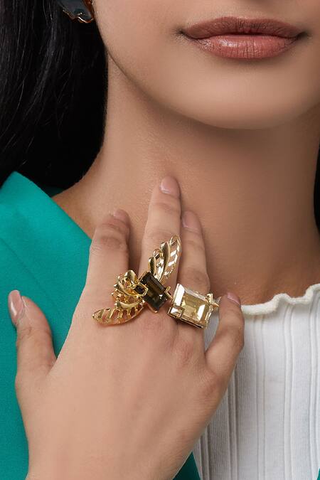 Shop_Esme By Aashna Dalmia_Gold Plated Crystal Ring _at_Aza_Fashions